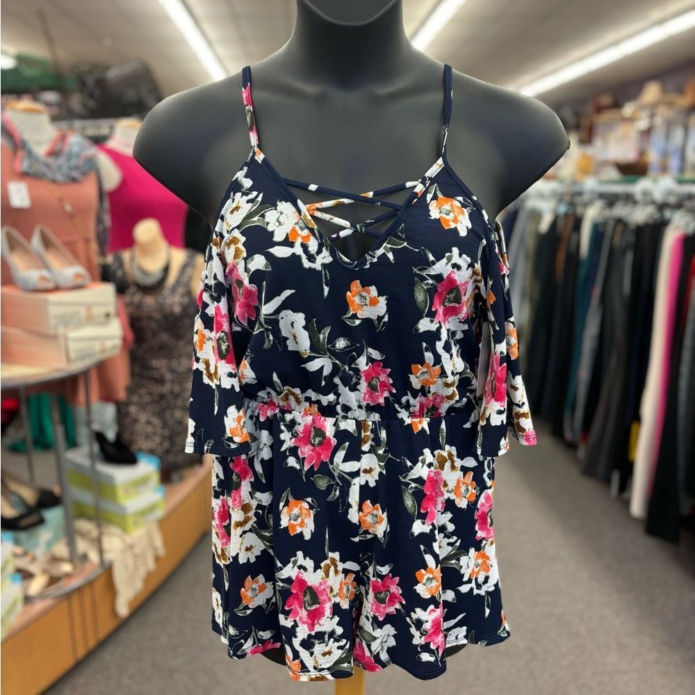🛍️ Pink Lily Ladies MED Blue Floral Romper